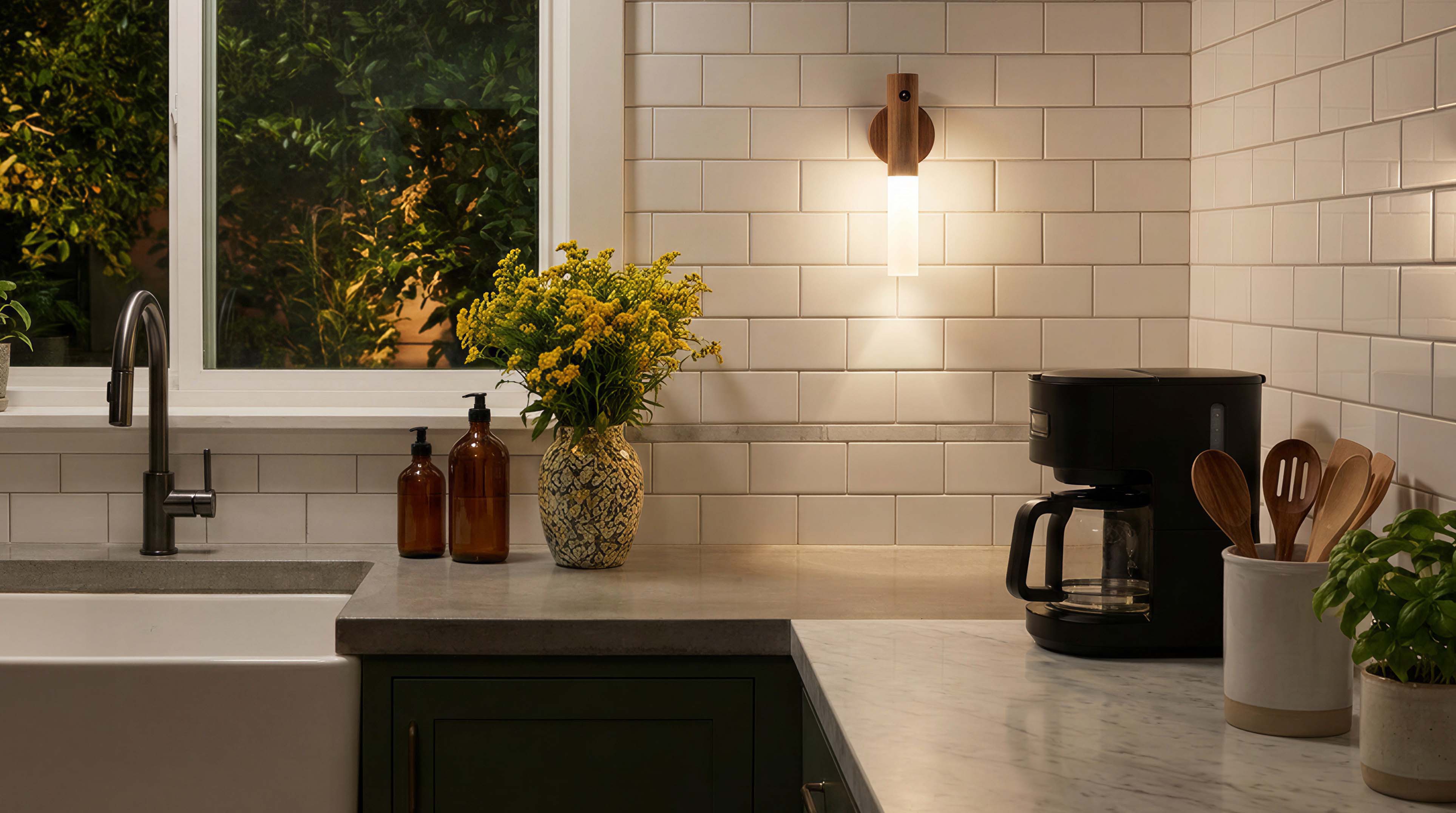 Modern kitchen with white tiled walls, a window, and various kitchen items on the counter.